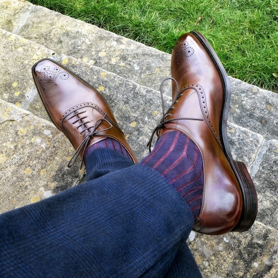 Handmade Navy Blue Shadow Stripe Dress Socks: Egyptian Cotton Over The Calf