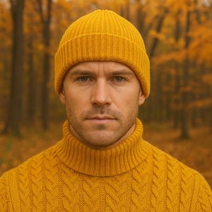 Handgestrickte Mustard Mütze: Weiche Merino Wolle Doppelrippstrick