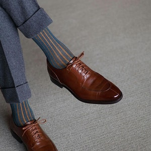Petrolium Green Cotton Socks |  Men Over The Calf | Shadow Stripe| Dress Socks | Gift for dad |Gift For Husband | Petrolium Green Mustard |