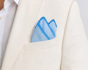 Blue Linen Pocket Square, Hand Rolled Edges, 35 x 35 cm
