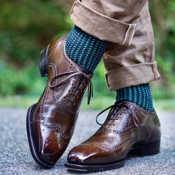 Navy Blue Cotton Dress Socks: Square Pattern Over-The-Calf Socks