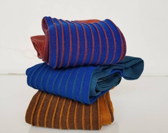 Herrensocken | Schatten gestreifte Socken | Über die Waden Socken | Blaue Baumwollsocken | Senffarbene Baumwollsocken | 3 Packungen |
