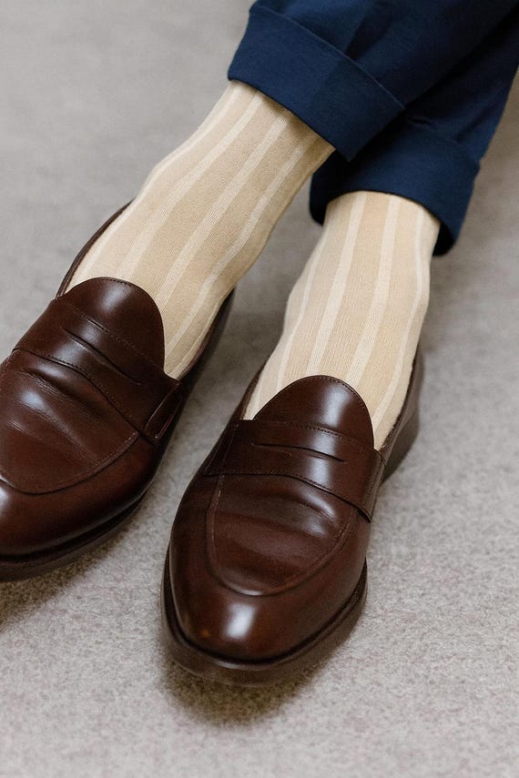 Men's Beige Cotton Ribbed Dress Socks: Mid-Calf Length