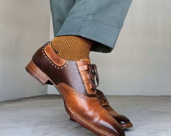 Dress Socks | Brown Cotton Socks | Herringbone Pattern | Over The Calf Socks | Gift for Dad | Mens Dress Socks |