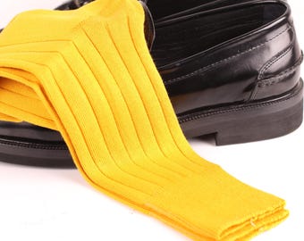 Men's Yellow Ribbed Mercerized Egyptian Cotton Socks: Mid-Calf Dress Socks