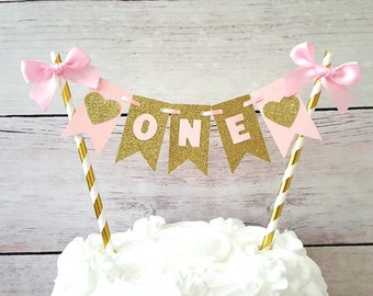Pink and Gold First Birthday Decorations, Pink and Gold Smash Cake Topper, ONE Smash Cake Topper, Pink and Gold Cake Bunting, ONE Topper