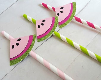 Watermelon Party Straws, Pink & Green Striped, Summer Picnic Decor