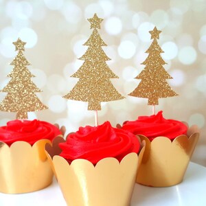 Christmas Cupcake Toppers, Christmas Tree Cupcake Toppers, Glitter Christmas Cupcake Toppers, Christmas Party Decorations, Holiday Toppers