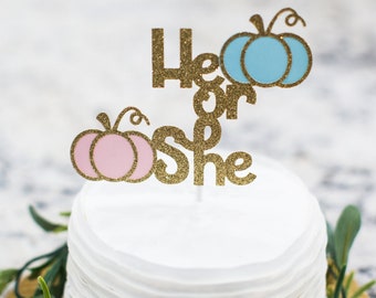 Pumpkin Gender Reveal Cake Topper: He or She, Glitter Decoration