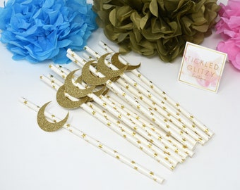 Gold Glitter Moon Star Paper Straws, Party Decorations (12 count)