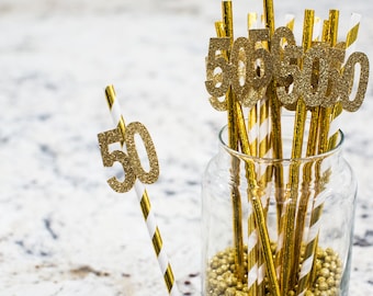 50th Birthday Straws | Gold Glitter Number, Anniversary Party Decor (12-Pack)
