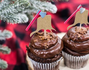 Lumberjack Cupcake Toppers: Wood Grain, Axe Party Decorations