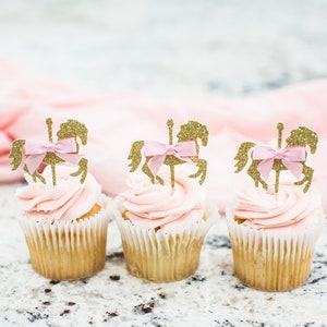 Carousel Horse Cupcake Toppers. Carousel Horse  Decorations. Carousel Horse Birthday. Girl Circus Decorations. Pink and Gold First Birthday.