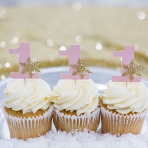 Winter Onederland Cupcake Toppers, Winter Onederland Party Decor, Pink Gold Winter Onederland, Snowflake Cupcake Toppers One Cupcake Toppers