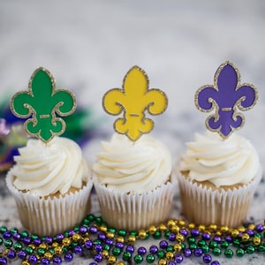 Fleur de Lis Cupcake Toppers. Mardi Gras Cupcake Toppers. Mardi Gras Party Decorations. Mardi Gras Birthday. Mardi Gras Baby Shower. NOLA