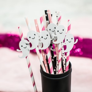 Pink Halloween Decorations. Ghost Party Straws. Pink Halloween Birthday. Ghost Birthday Decorations. Girl Halloween Birthday Decor.
