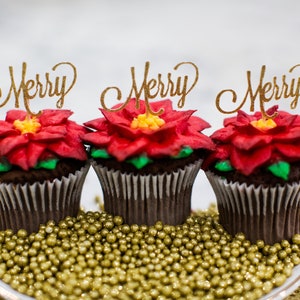 Christmas Cupcake Toppers. Christmas Party Decorations. Holiday Party Decorations. Gold Glitter Christmas Party Decorations. Merry Toppers.