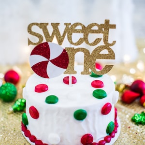 Sweet One Glitter Cake Topper. Christmas 1st Birthday. Sweet One Candy Birthday Decoration. Peppermint Candy 1st Birthday. Sweet One Holiday