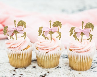 Carousel Horse Cupcake Toppers. Carousel Horse  Decorations. Carousel Horse Birthday. Girl Circus Decorations. Pink and Gold First Birthday.