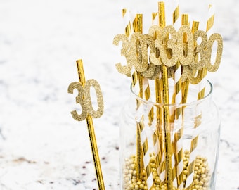 30th Birthday Straws: Gold Glitter Number, Party Decorations (12-Pack)