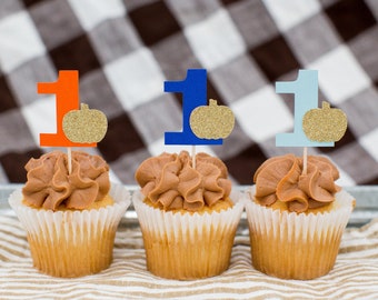 Little Pumpkin Cupcake Toppers. Boy Little Pumpkin Birthday. 1st Birthday Cupcake Topper. Boy 1st Birthday Decor. Blue Orange Little Pumpkin