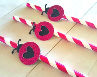 Pink Lovebug Party Decorations, Pink Ladybug Straws, Valentines Day Birthday, Ladybug Birthday, Love Bug Birthday, Lovebug Straws,