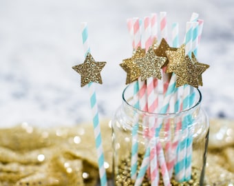 Glitter Star Gender Reveal Straws: Pink & Blue Party Decor (12 ct)