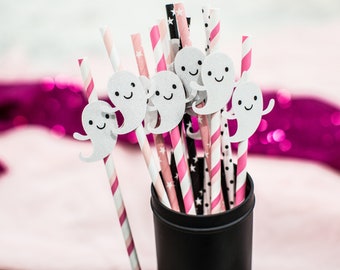 Glitter Ghost Party Straws - Pink Halloween Birthday Decorations (12 ct)