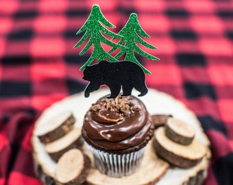 Black Bear Cupcake Toppers: Glitter Lumberjack Party Decorations, Set of 12