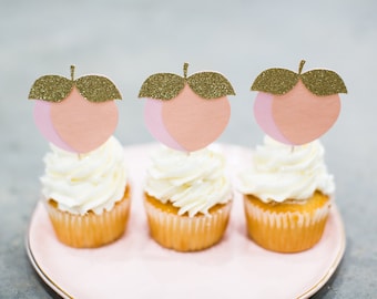 Peach Cupcake Toppers, Gold Glitter Leaves