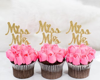 Gold Glitter Miss to Mrs Cupcake Toppers, Bridal Shower Decor (Set of 12)