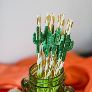 Cinco de Mayo Party Straws, Glitter Cactus, Gold Foil, Set of 12 bild 1
