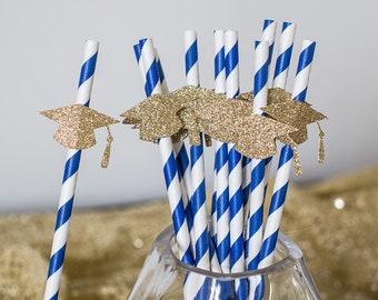 Graduation Party Straws, Navy White Striped with Gold Glitter Caps (12 Count)