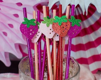 Glitter Strawberry Paper Straws, Berry Party Decorations (Set of 12)