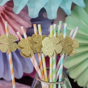 St Patrick's Day Straws: Gold Glitter Shamrock, Pastel Party Decor