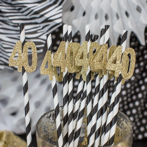 40th Birthday Straws, Gold Glitter Number Decor