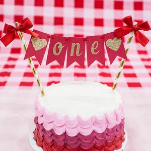 Valentine&#39;s Day First Birthday Cake Topper. Valentine&#39;s Day Smash Cake Topper. Red and Gold Cake Bunting. Little Sweetheart Cake Topper.