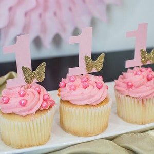 12 Butterfly First Birthday Decorations Fairy First Birthday Party Butterfly Cupcake Toppers Pink and Gold First Birthday Cupcake Toppers