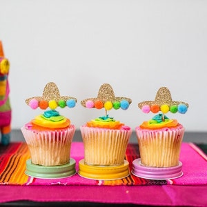 Fiesta Cupcake Toppers, Glitter Sombrero & Pom Poms (Set of 12)