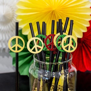Glitter Peace Sign Straws, Reggae 70s Party Decorations (12 ct)