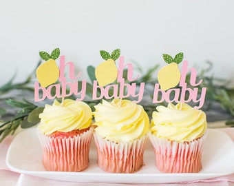 Lemon Baby Shower Decorations. Lemon Oh Baby Cupcake Toppers. Pink Lemon Baby Shower Decor. Baby Shower Ideas. Baby Shower Cupcake Toppers.