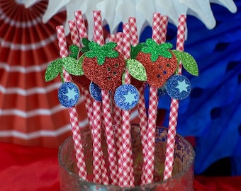 Berry First Birthday Straws: Glitter Strawberry & Blueberry Party Decor (12 ct)