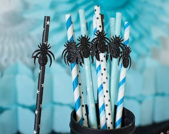 Glitter Spider Party Straws, Blue & Black Halloween Decorations (12 ct)