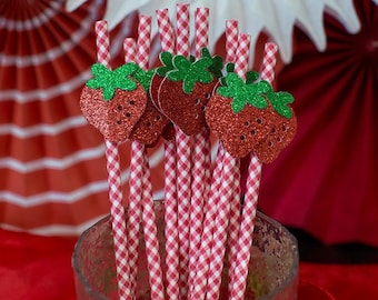 Glitter Strawberry Party Straws, Berry Sweet Decorations (12 ct)