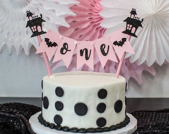Pink and Black Halloween Cake Topper. Pink and Black Halloween Birthday Decorations. Haunted House Decorations. Halloween 1st Birthday Girl.