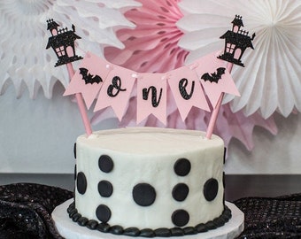 Pink Halloween Cake Topper, Haunted House 1st Birthday