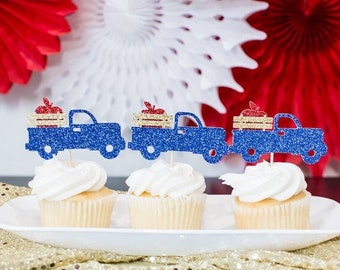 Apple Truck Cupcake Toppers, Glitter Party Decorations (Set of 12)