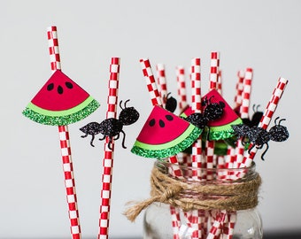 Watermelon & Ant Paper Straws, Picnic Party Decorations (12 Straws)