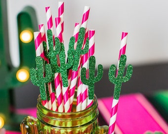 Fiesta Party Straws, Glitter Cactus, Pink Striped, Set of 12