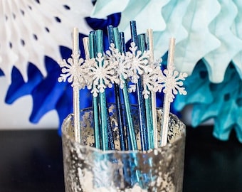 Winter Onederland Straws, Blue & Silver Glitter Snowflake Decorations (12 ct)